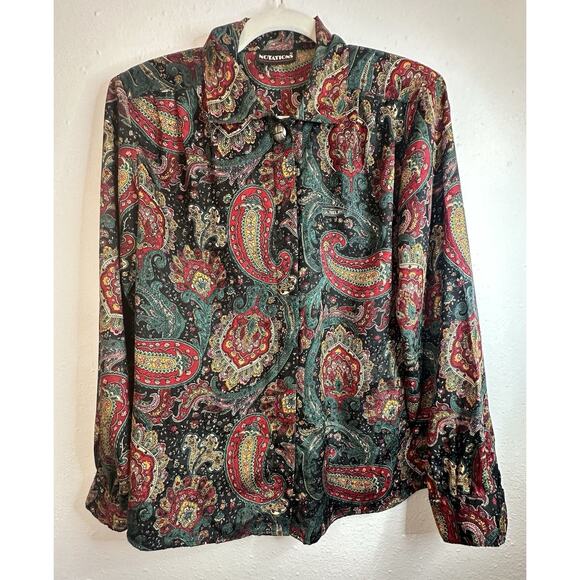 Vtg Notations Paisley Boho Silk Like Long Sleeve Button Up Size Small - Picture 1 of 7